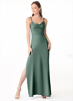 Azazie Alaija Robes de demoiselle d'honneur Robe Sirène en Satin extensible Fente Latérale Eucalyptus image2