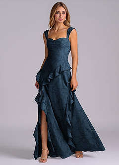 Azazie Sloane At-home Try On Dresses Dark Navy A-Line Sweetheart Neckline Floral Burnout Dress image3