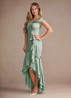 Azazie Billings Mother of the Bride Dresses Agave Mermaid Off the Shoulder Stretch Satin Dress image2