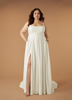 Azazie Caymus Wedding Dresses Cream A-Line Scoop Pleated Crepe Back Satin Dress image8