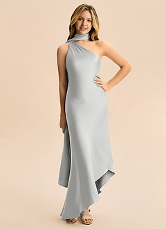 Azazie Briony Junior Vestido Prata de Cetim elástico de Bainha com Plissado image3