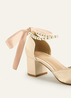 front Satin Pearl and Bow Pointed Toe Block Heels