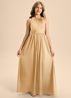 Azazie Jaylah Junior Gold A-Line Pleated Stretch Satin Dress image6