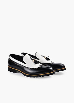 front Men's Mixed Leather Tassel Studded Loafers