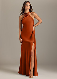 Azazie Kinsley Vestidos de damas de honor Vestido de Naranja Quemada de Satén Elástico de Corte Sirena con Corte Lateral image1