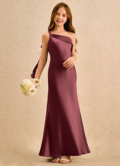 Azazie Almond Girls Formal Robe Demoiselle D'honneur Fillette Robe Fourreau en Satin extensible Une épaule Merlot image2