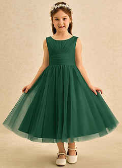 Azazie Macaron Flower Girl Dresses Dark Green A-Line Pleated Tulle Dress image3