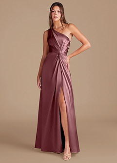 Azazie Brooke Bridesmaid Dresses Vintage Mauve A-Line One Shoulder Metallic Satin Dress image1