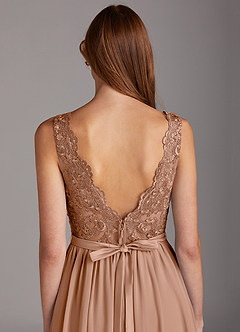 Azazie Elly Bridesmaid Dresses Champagne Rose A-Line Lace Scoop Neck Chiffon Dress image4