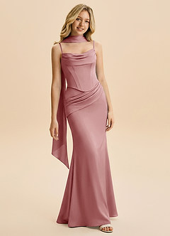 Azazie Sorrel Junior Dusty Rose A-Line Ruched Stretch Satin Dress image1