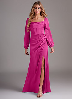 Azazie Charissa Brautjungfernkleider Etui Langarm Stretch-Satin Kleid Fuchsia image1