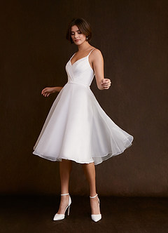 Azazie Ardea Wedding Dresses A-Line V-Neck Pleated Stretch Crepe Knee-Length Dress image3