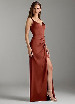 Azazie Leo Bridesmaid Dresses Terracotta Sheath Pleated Stretch Satin Dress image3