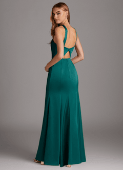 Azazie Elana Bridesmaid Dresses Peacock Sheath Side Slit Stretch Satin Dress image2