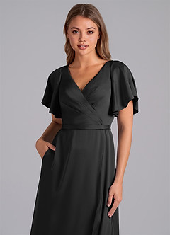 Azazie Ambrosia Bridesmaid Dresses Black A-Line Pleated Stretch Satin Dress image2