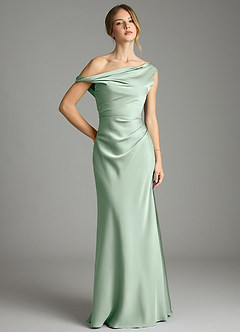 Azazie Emerson Bridesmaid Dresses Agave Mermaid Off the Shoulder Stretch Satin Dress image1