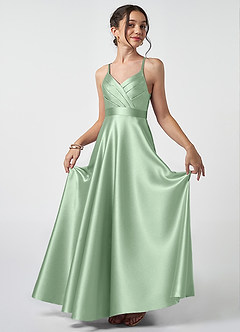 Azazie Avelina Junior Matcha A-Line Pleated Metallic Satin Dress image1
