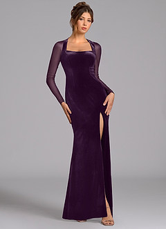 Azazie Megan Bridesmaid Dresses Grape Mermaid Long Sleeve Mesh Dress image1