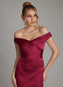 Azazie Teyana Bridesmaid Dresses Burgundy Sheath Off the Shoulder Stretch Satin Dress image2