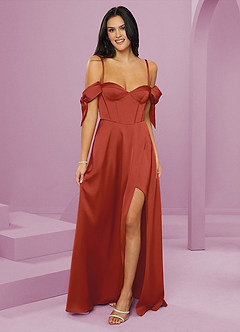 Barbie ♥ Azazie Bridesmaid Dresses Rust A-Line Off the Shoulder Stretch Satin Dress image6