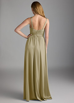 Azazie Chanel Bridesmaid Dresses Moss Green A-Line Pleated Stretch Satin Dress image2