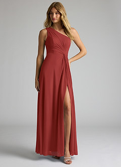 Azazie Brooke Bridesmaid Dresses Rust A-Line One Shoulder Mesh Dress image3