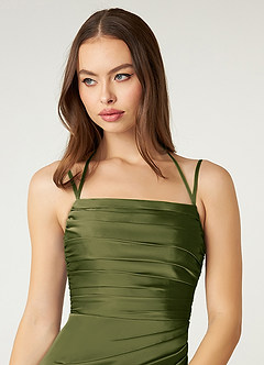 Azazie Desi Bridesmaid Dresses Bright Olive Sheath Halter Corset Stretch Satin Dress image6