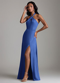 Azazie Tracie Bridesmaid Dresses Royal Blue A-Line Side Slit Stretch Satin Dress image4