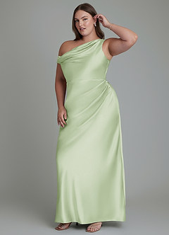 Azazie Emerson Vestidos de damas de honor Vestido Salvia Polvorienta de Satén Metálico de Corte Sirena con Hombros descubiertos image4