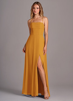 Azazie Carolyn Bridesmaid Dresses Butterscotch A-Line Pleated Chiffon Dress image1