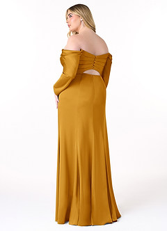 Azazie Hallie Bridesmaid Dresses Butterscotch Sheath Off-The-Shoulder Long Sleeve Stretch Satin Convertible Dress image10