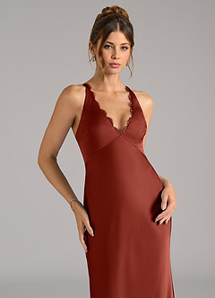 Azazie Tianna At-home Try On Dresses Terracotta A-Line Stretch Satin Dress image7
