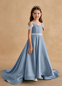 Azazie Jodi Robe Demoiselle D'honneur Fillette Robe Trapèze en Mat Satiné Bleu Poussiéreux image3