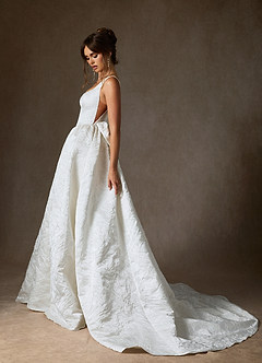 Azazie Skylin Wedding Dresses Diamond White Mocha Ball-Gown with Pockets Floral Jacquard Dress image7