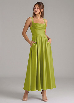 Azazie Shaude Bridesmaid Dresses Lemongrass A-Line Pleated Stretch Satin Dress image3