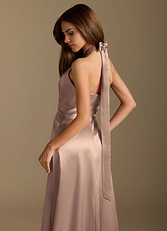 Azazie Tracie Final Sale Taupe A-Line Pleated Metallic Satin Dress image8