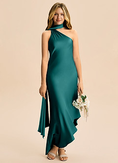 Azazie Briony Junior Etui Plissee Stretch-Satin Kleid Pfau image5