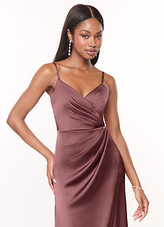 Azazie Maci Bridesmaid Dresses Vintage Mauve A-Line V-Neck Pleated Stretch Satin Dress image5