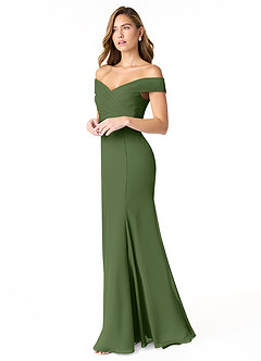 Azazie Lecia Vestidos de damas de honor Vestido de Oliva de Gasa de Imperio Convertible con Plisado fuera del hombro image3