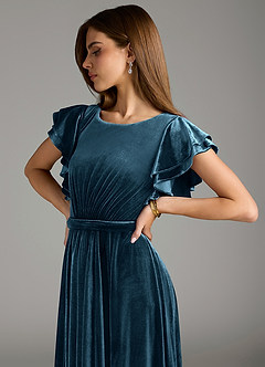 Azazie Daphne Modest Bridesmaid Dresses A-Line Velvet Floor-Length Dress with Belt image2