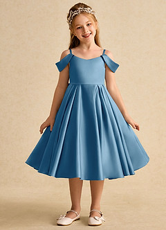 Azazie Favia Flower Girl Dresses Steel Blue A-Line Off the Shoulder Matte Satin Dress image2