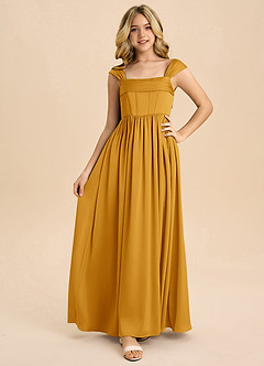 Azazie Hattie Junior Butterscotch A-Line Pleated Stretch Satin Dress image5