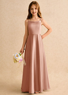 Azazie Joella Girls Formal Blomsterpigekjoler A-Line Plisseret Stræk satin Gulv-længde Kjole image3