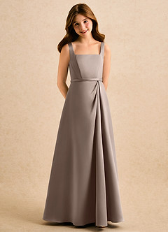 Azazie Emiko Girls Formal Abiti da Ragazza di Fiori Abito A-Line in Raso Opaco Plissettato Taupe image1