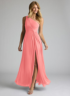 Azazie Brooke Bridesmaid Dresses Coral A-Line One Shoulder Mesh Dress image2