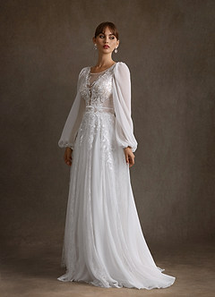 Azazie Keylani Wedding Dresses Diamond White Champagne A-Line Lace Dress image1