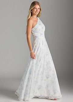Azazie Charlize Bridesmaid Dresses Blue Vintage Floral A-Line One Shoulder Chiffon Dress image4