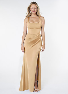 Azazie Mero Bridesmaid Dresses Gold Sheath Pleated Stretch Satin Dress image1