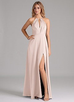 Azazie Evalleen Bridesmaid Dresses Blushing Pink A-Line Pleated Stretch Satin Dress image1
