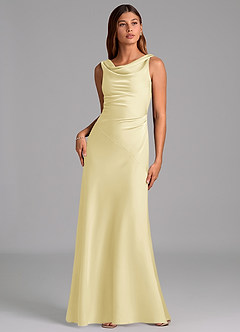 Azazie Nerine Bridesmaid Dresses Lemon Sorbet A-Line Pleated Stretch Satin Dress image3